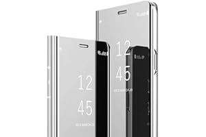 QPOLLY Miroir Coque Compatible avec Samsung Galaxy A6 2018 Translucide Clear View Flip Case Portefeuille à Rabat Etui en Cuir + PC Matière Folio Housse de Protection avec Fonction Stand,Argent