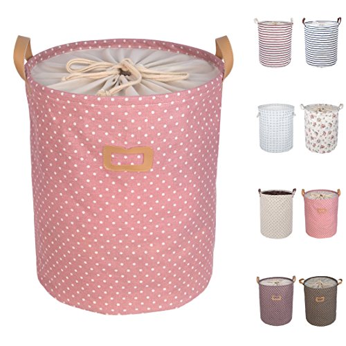 dokehom DKA0811PK Baumwolle Leinen Aufbewahrung Eimer, rund Wäschekorb, erhältlich in 7 Farben Pinke Punkte