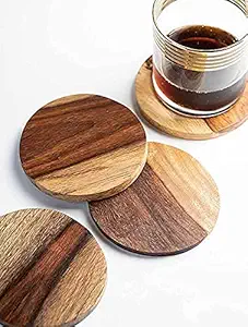 CRAFT D ARTS Sheesham Wooden Handcrafted Tea Coaster Set of 4 for Home Wood Round Coaster (Brown)