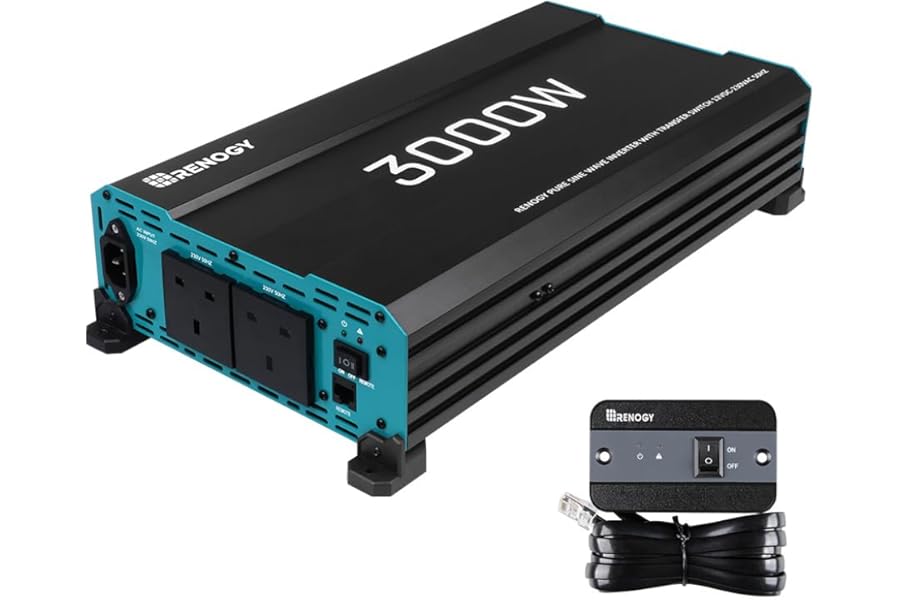 Renogy 3000W Pure Sine Wave Inverter, 6000W Peak 12V DC to 240V AC Solar Power Converter with UK Sockets, UPS Function and Remote Controller for Off-grid, RV, Truck, Boat, Camping, and Home