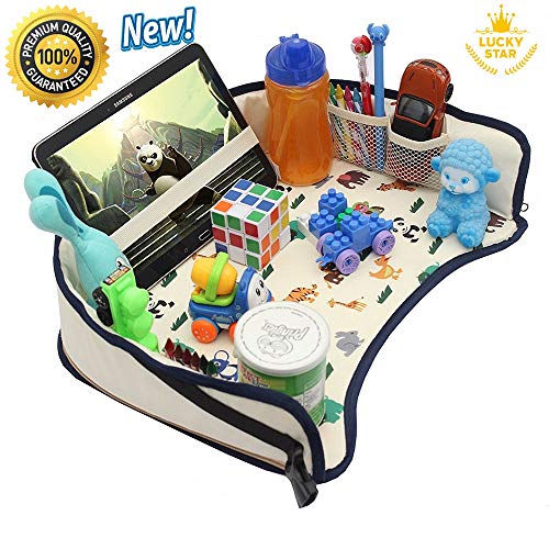 Little Roger Kids Travel Play Tray Car Seat Activity Tray Waterproof, Food & Snack Tray With Tablet/iPad/Cup Holder/Back Seat Organizer/Padded & Portable Travel Lap (white)
