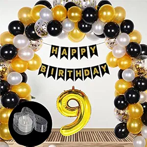 Dear Happy Birthday 9 Year Decoration kit For Boy and Girl Birthday Party Decoration 33 Pcs Golden Combo Items 10 Golden 10 Silver 10 Black Latex Balloons 1 Birthday Banner 1 Arc Tape