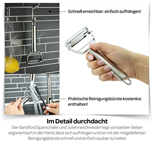 Sandford 3-in-1 Sparschäler & Julienneschneider | Edelstahl Kartoffelschäler / Gemüseschneider für Obst und Gemüse | Streifenschneider / Spiralschneider für Gemüse-Spaghetti | inkl. Reinigungsbürste - 5