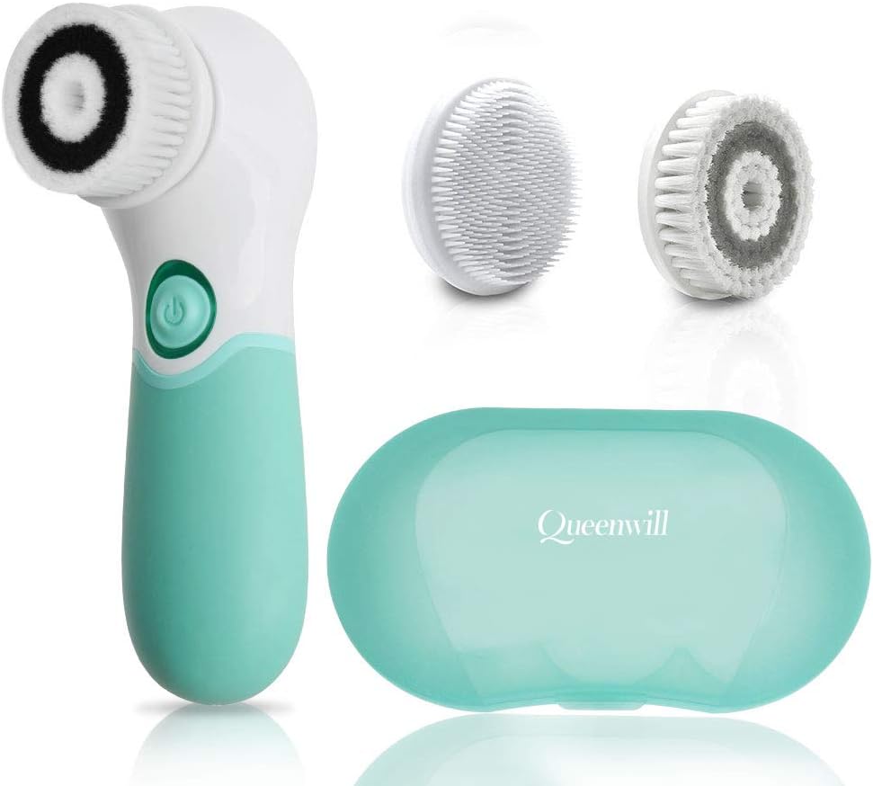 Queenwill Facial Brush, 3 In 1 Electric Facial & Body Cleansing Brush Kit With Handle, 3 Unique Brush Heads, IPX6 Waterproof, 2 Speeds Settings, Gentle Cleansing And Deep Scrubbing Remove Dead Skin