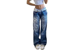 ticticlily Pantaloni Jeans Donna Larghi a Vita Alta Gamba Dritta Y2K Vintage Jeans Elastico Lavati Pantaloni Denim a Matita Casuale Harajuku Hip Hop Streetwear Pantalone Cargo Svasato con Tasche