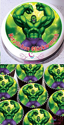 Hulk 1 x 19cm & 12 x 3.8cm Runde Fondant Puderzucker essbare Cake Topper und bedruckt mit Ihrem benutzerdefinierte Begrüßung (Geburtstag Pack)