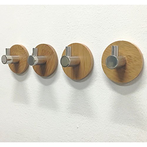Acxeon 4 Stück Adhesive Haken mit 3M Haftmittel bis zu 3 Kg Tragkraft, aus SUS304 Edelstahl und Bambus für Badezimmer Handtuchhaken, Wandhaken Kleiderbügel für Home Küche Mäntel Hüte Schlüssel (4 Stück) - 5