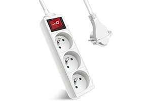 Extrastar Multiprise 3 Prises avec Interrupteur Fiche Plate, Bloc 3 Prises, Rallonge 1.5m 230 V avec sécurité Enfant, Blanc