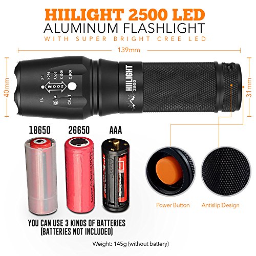 HIILIGHT LED Taschenlampe 2500 +Akku 26650 +Ladegerät Schwarz Set - 3