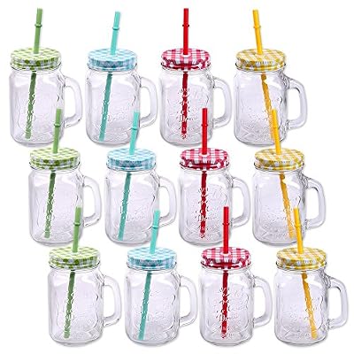 Schramm Onlinehandel Lot de 12 verres à cocktail avec couvercle, poignée et paille, pot de 500 ml aspect type vintage, jardin rétro, terrasse