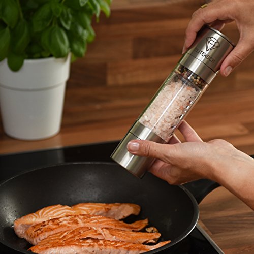 Salz- und Pfeffermühle 2-in-1 Set aus Edelstahl | Premium Gewürzmühle mit Keramikmahlwerk | Hochwertige Doppelmühle mit Acrylglas | Inklusive hochwertigem E-Book - 7