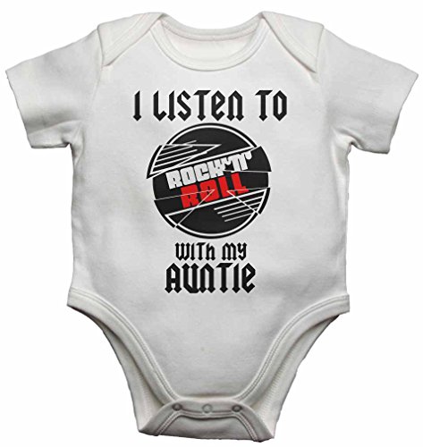 I Listen to Rock N Roll With My Auntie - Baby Vests Bodysuits Baby Grows Personalised Graphic for Music Lover - Boys, Girls - White - 0 - 3 Months
