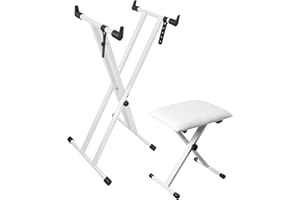 ＬＯＮＧＥＹＥ 【Verbesserte Version】Longeye Keyboard Ständer und Hocker-Verstellbarer Doppel X Keyboardständer,Klavier-Sitzbänke,klappbar,kompatibel mit 61/76/88 Tasten,Weiß