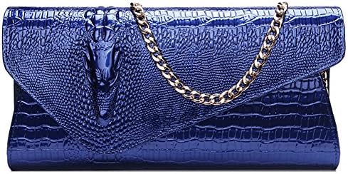 Myymee Women Shoulder Chain Handbags Genuine Leather Large Cowhide Crocodile Pattern Clutch Wallet Bag Royal Blue