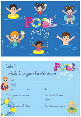12 Einladungskarten „Schwimmbad Pool-Party“ Kindergeburtstag Hallenbad Spassbad Freibad | Geburtstagseinladungen Einladungen Geburtstag Kinder Jungen Mädchen Einladungstext Vorlagen Karten Set - 4