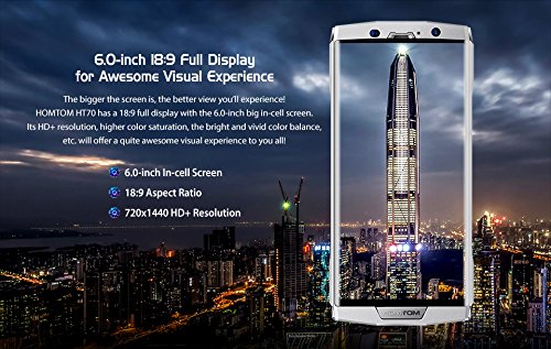 HOMTOM HT70 - Smartphone Android 7.0 4G da 6.0 pollici (rapporto 18: 9), batteria da 10000 mAh Â  ricarica rapida, Octa Core da 1,5 GHz 4 GB + 64 GB, fotocamera tripla, OTG tipo-C - Argento