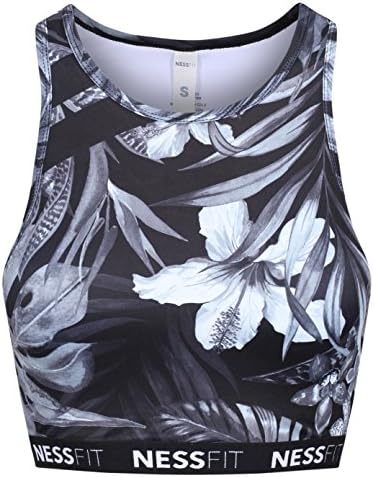 Nessfit Women’s Fitness Sport Bra Training Tight Cropped Top Printed Compression Gym Tank Top Yoga Padded XS S M L (X-Small, Black Tropical - Bra)