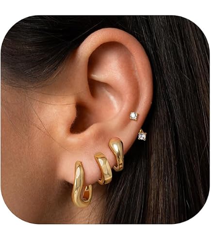 Set 3 Paia Orecchini A Cerchio Huggie Placcati Oro 14K - Ipoallergenici, Con Pietre CZ