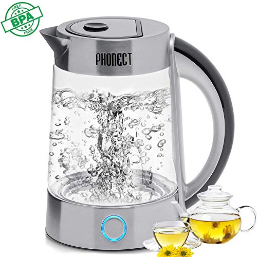 PHONECT Hervidor eléctrico, Hervidor de Vidrio rápido, Hervidor de Agua eléctrico de 1.7L con Tapa Abierta de un Solo Toque, Hervidor con LED Azul, Protección de Apagado automático, 2200W
