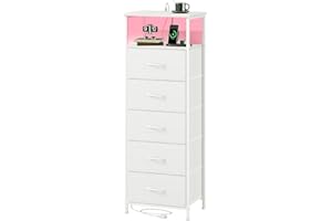 Somdot Tall Chest of Drawers for Bedroom with Charging Station and LED Light, 5 Drawers Storage Unit with 2 Outlets and 2 USB Ports for Kids Dorm Living Room Closet, White Leather