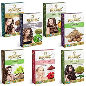 Reoric amla reetha shikakai bhringraj hibiscus mehendi indigo powder|ritha|soap nuts for hair indian gooseberry powder |bhringraj powder |henna powder |hibiscus |indigo powder(700g, Pack of 7)