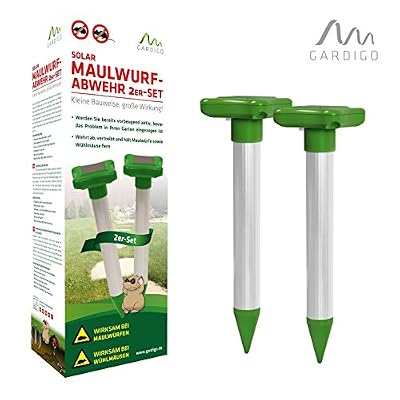 Gardigo Répulsif solaire - Set de 2 pièces - Anti taupes, campagnols, fourmis, serpents et nuisibles | Tige en aluminium - IP56, 700 m²