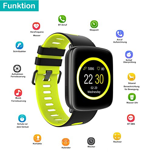 Smartwatch,YAMAY Bluetooth Smart Watch Uhr mit Pulsmesser Armbanduhr Wasserdicht IP68 Fitness Tracker Armband Sport Uhr Fitnessuhr mit SchrittzÃ¤hler,Schlaf-Monitor,Setz-Alarm,Stoppuhr,SMS-, Anruf-Benachrichtigung Push/Kamera-Fernsteuerung Musik fÃ¼r Android und iOS Telefon