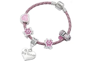 Jewellery Hut 'Big Sister' Pink Leather Charm Bracelet for Girls Presented in Gift Box