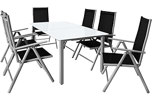 ‎CASARIA Casaria® Gartenmöbel Set 6 Stühle mit Tisch 150x90cm Aluminium Sicherheitsglas Wetterfest Klappbar Modern Terrasse Balkon Möbel Sitzgruppe Garnitur Bern