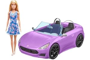 Barbie con descapotable Muñeca rubia con coche de juguete morado para muñecas, regalo para niñas y niños +3 años (Mattel HBY29)