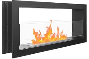 GLOBMETAL Biocamino bifacciale passante DUAL 90x40cm ( 900x400mm ), bio caminetto nero opaco. Camino a bioetanolo da montare in un'apertura a parete. Bio camino aperto a due vetri.