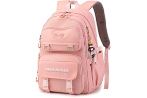 Tanou Sac a Dos Fille Adolescent, Grande Capacité Sac d'école Cartable Fille de 9 à 16 Ans, Nylon Résistant à l'eau Sacs Scolaires Filles pour Ecole Voyage, Rose