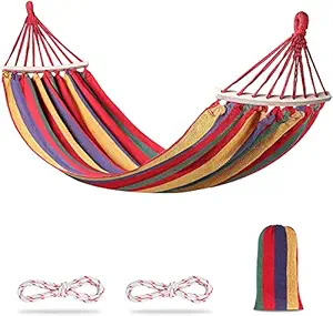 DECSTY Camping Hammock with Tree Straps Cotton Canvas Beach Swing Bed with Spreader Bar for Backyard, Porch, Balcony, Indoor or Outdoor Use Support to 280kg (Red, Medium)