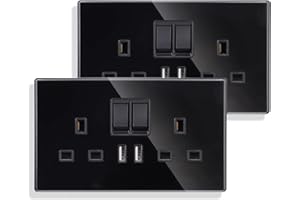 JIMEIDA 2 Pack Double Switched Socket 13 Amp with 2 USB Charging Ports Crystal Black Glass Panel Wall Outlet Electric Power Socket