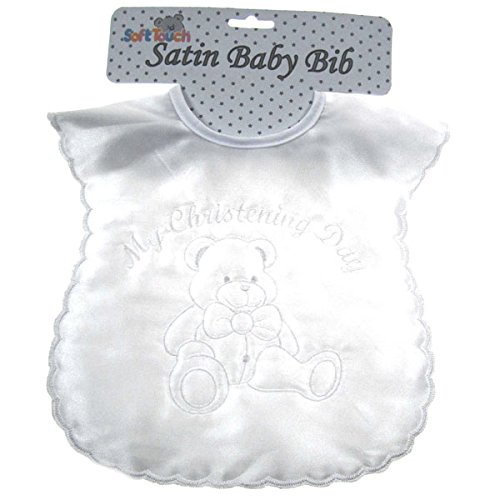 Large My Christening Day White Satin Christening Bib With Bear Embriodery