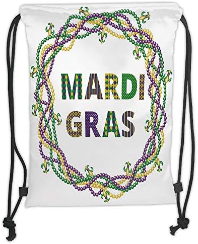 Drawstring Backpacks Bags,Mardi Gras,Vivid Beads Circular Frame with Lettering Traditional Patterns Print,Purple Green Yellow Soft Satin,5 Liter Capacity,Adjustable String Closure,