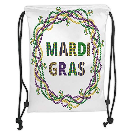 Drawstring Backpacks Bags,Mardi Gras,Vivid Beads Circular Frame with Lettering Traditional Patterns Print,Purple Green Yellow Soft Satin,5 Liter Capacity,Adjustable String Closure,