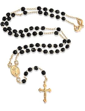 Simulierte Onyx Crystal Gold Füllung Kruzifix Rosenkranz Halskette 17,5 Zoll