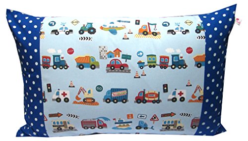 TryPinky® Kissenhülle Kissenbezug "Autos auf Hellblau Punkte Blau" 40 X 60 cm Kissen für Kinder Fahrzeuge Jungen 100 % Baumwolle mit Punkten Hellblau