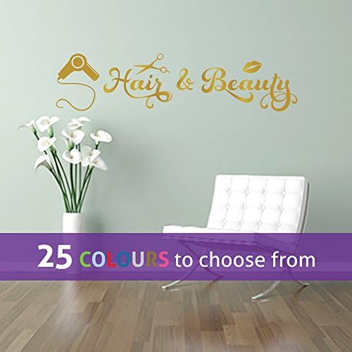 TopZog HAIR and BEAUTY quote with hairdryer, lips print, swirls, wall art sticker decal for beauty, hairdressers salon, GOLD (METALLIC), 75x18 cm