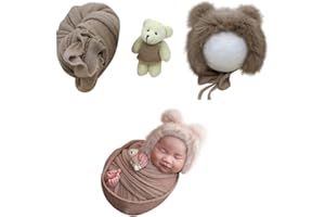 SURAKEY 3 Stück Baby Neugeborenen Fotografie Prop Wraps Baby Hut & Bär Puppe,DIY Baby Foto Requisiten Wraps & Fotografie Hut,Säugling Baby Wrap Decke Baby Kostüm Hut Headwrap Fotoshooting für 0-6 Monate Baby