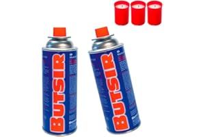 ZEMO Cartuchos de gas Butsir B-250,Botella de gas butano con válvula de seguridad de 227g,Camping gas para aparatos de cartucho de válvula acorde con la normativa europea+Incluido 3 Velones (LOTE 2)