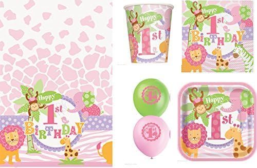 GIRLS 1st BIRTHDAY PINK SAFARI PARTY PACK FOR 16 NAPKINS PLATES CUPS TABLECOVER BALLOONS