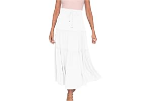 AMHOMELY Boho Maxi Skirts for Women Long Skirts Sale Chic Ladies Solid Casual Ruched Ruffles Elastic Waist Skirts Beach Skirts Clearance UK