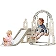 3 in 1 Slide and Swing Set for Kids,Toddler Swing,Toddler Swing and Slide Set,Basketball Hoop Garden Climbing Frames (White＋gray)