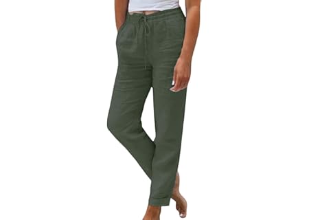 Kvinnors bomulls- och linnebyxor med hög midja - 7/8 dambyxor med hög midja sommar byxor med dragsko - Amazon Deal & Rabatt