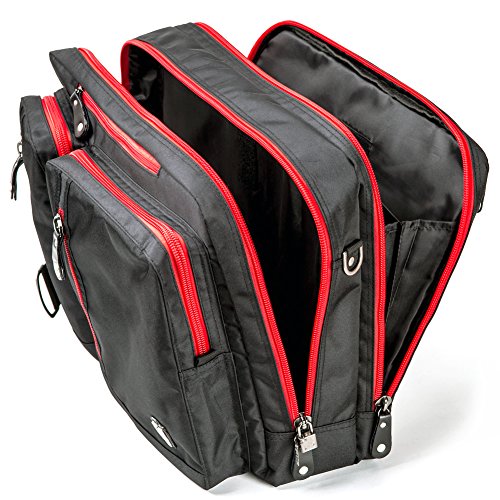 Laptop Rucksack, Evecase 17.3 Zoll Universal 3-Way Rucksack / Umhängetasche mit Laptopfach, Akteneinteilung, Zubehörfächer, Verdeckbare Gurte, Gepäckschloss – Schwarz / Rot - 4