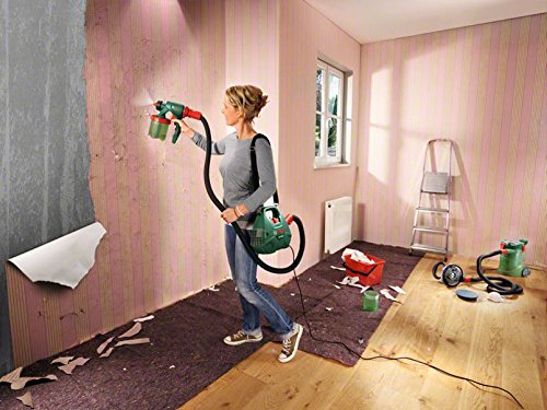 Bosch DIY Farbsprühsystem PFS 3000-2, Farbbehälter 1000 ml, Düse für Lacke und Lasuren (grau)/ Wandfarbe (weiß), Schultergurt, Farbfilter, Reinigungsbürste, Karton (650 W, 300 ml/min, 2m²/min) - 6