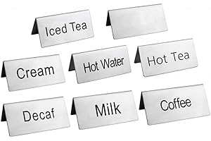 New Star Foodservice 27402 Stainless Steel Table Tent Sign Combo, Includes"Coffee","Decaf","Hot Tea","Iced Tea","Hot Water","Milk","Cream",and Blank, 3-Inch by 1-1/2-Inch, Combo Set of 8