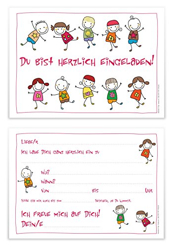 12 lustige Einladungskarten Kindergeburtstag schön illustriert fröhliche tanzende Kinder Strichmännchen Geburtstagseinladungen Einladungen Geburtstag Jungen Mädchen Einladungstext Vorlagen Karten Set - 7